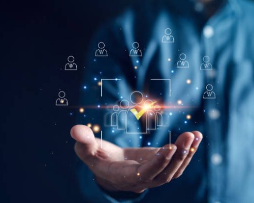 HRM or Human Resource Management, Businessman holding magnifier select and accept to manager icon which is among staff icons for human development recruitment leadership and customer target group.